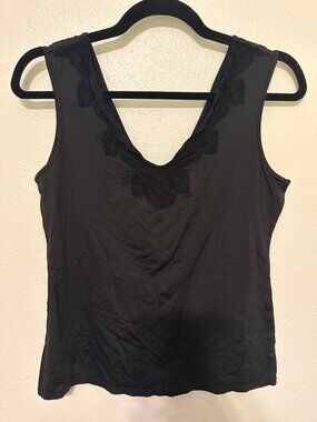 Sofia Shapewear Tank Black with Lace Trim Double V Neck Womans L